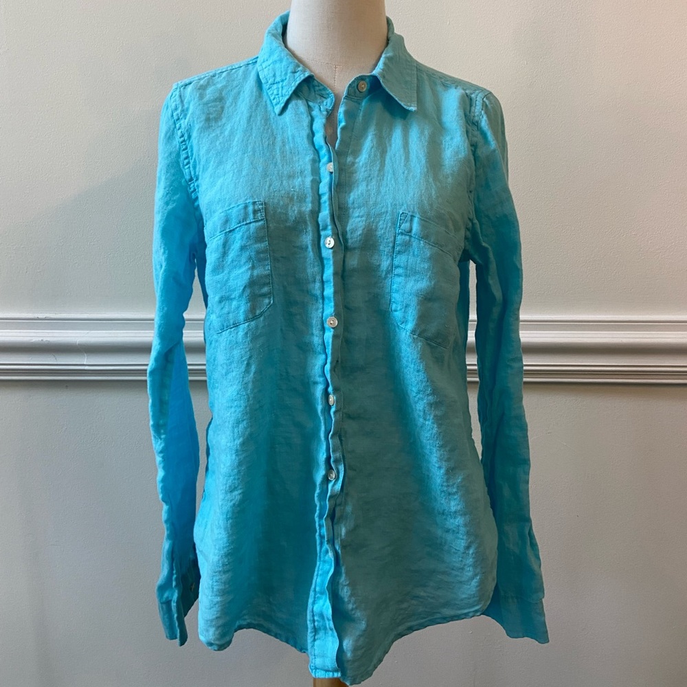 Lily Pulitzer Womens Sz M 100% LINEN Button Down Shirt Top Blouse  Blue